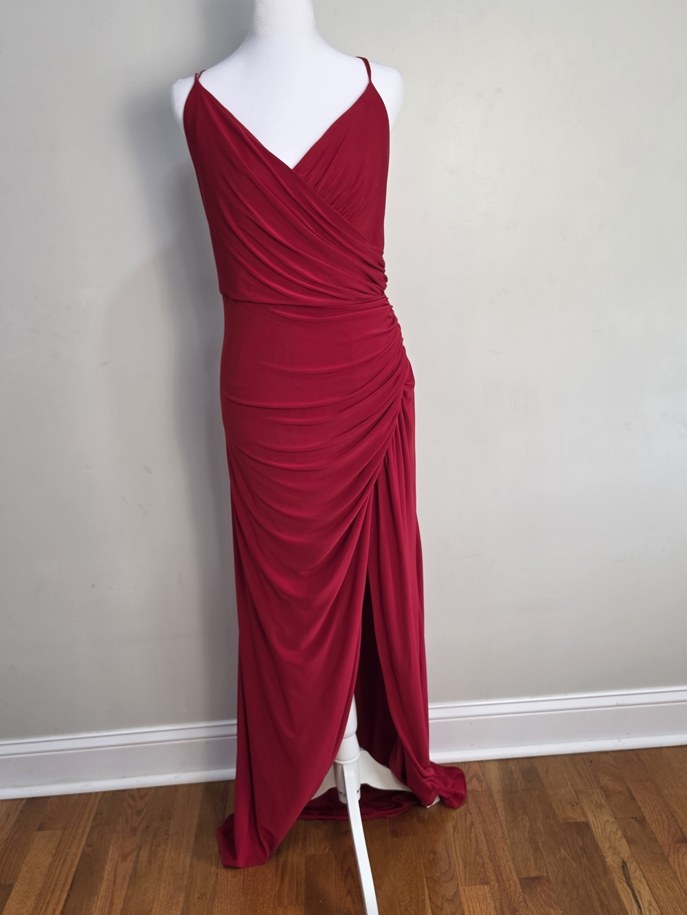 Adrianna Papell Red Draped Side-Slit Maxi Dress